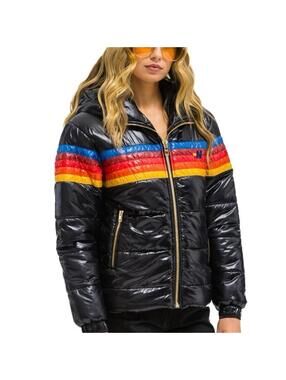 AVIATOR NATION 5 STRIPE TREKKER JACKET  GLOSSY BLACK SZ XS
